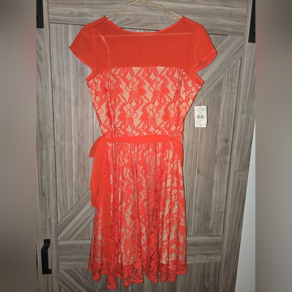 Danny & Nicole Dark Coral Lace Midi Dress